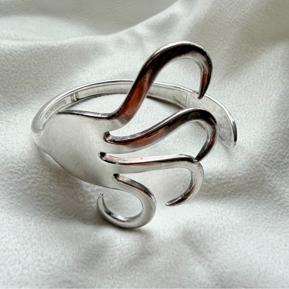 Sterling Silver Plate Sculptural Fork-Form First Love Coachella Cuff Bracelet - Picture 11 of 16